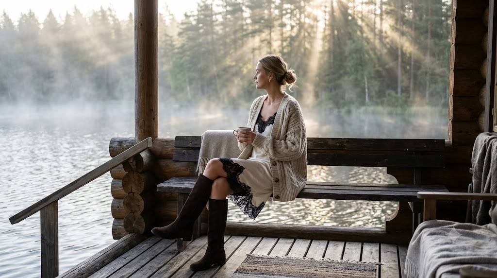 Lace Trim Slip Dress & Chunky Cable-Knit Cardigan